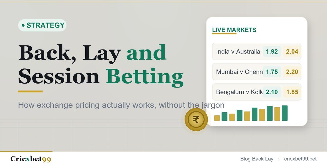 Back and lay prices with session betting ranges shown on a cricket exchange market