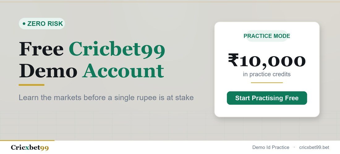 Cricbet99 demo ID practice screen showing a cricket match card with back and lay prices and a practice balance